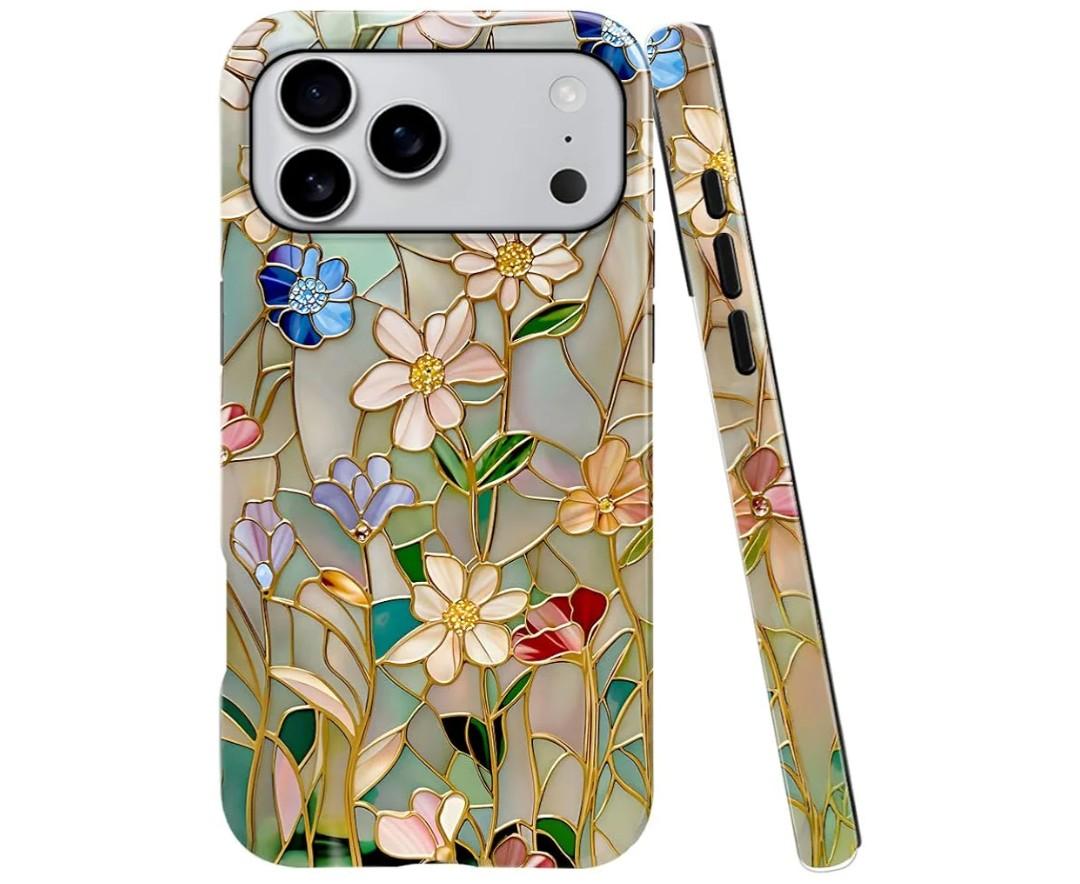Case Compatible with iPhone 17 Pro Max,Fall Prevention Bright Hybrid 2-Layer Hard Shell Phone Case for Girls Boys,Stained Glass Bloom Flower