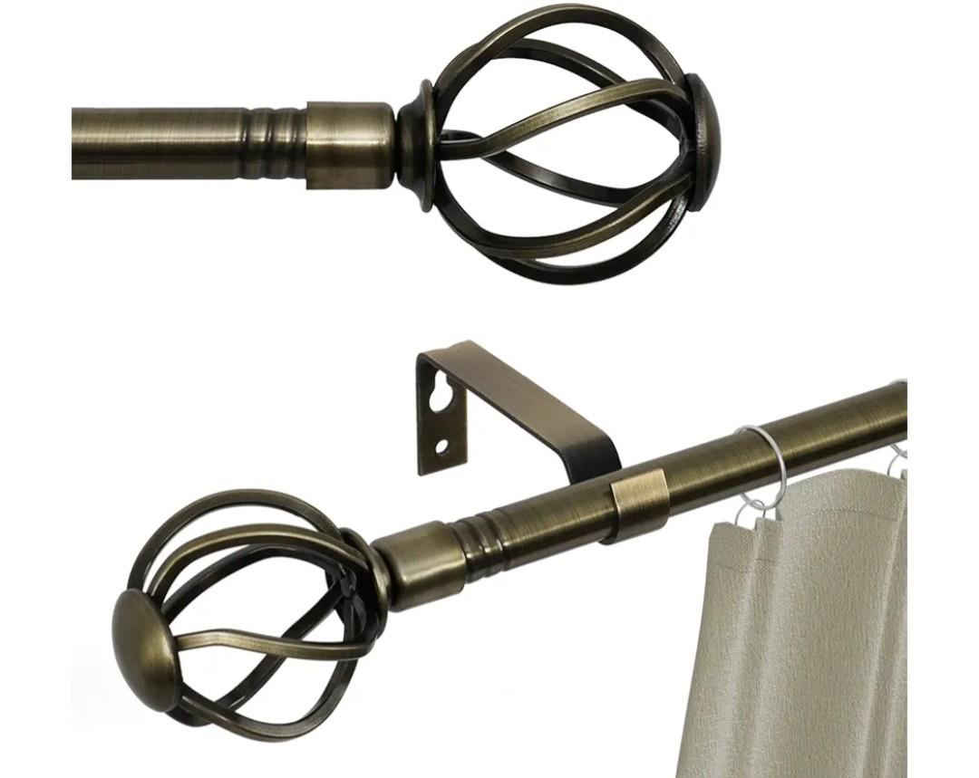 Antique Brass Curtain Rod 66 to 120 inch, 5/8 inch Curtain Rod Set with Twisted Finials Ends, Heavy Duty Drapery Rod for Outdoor Patio, Sliding Glass Door, Bedroom, Living Room - Brushed Brass