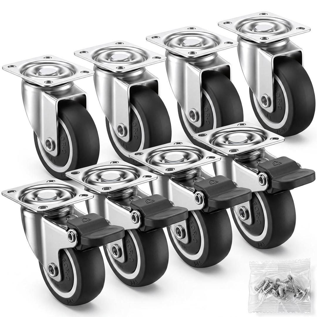 Hotop 8 Pcs 1 Inch Low Profile Casters Wheels Soft Rubber Swivel Caster Small Silent Casters with 360 Degree Top Plate and 40 Screws (4 with Brakes and 4 Without)