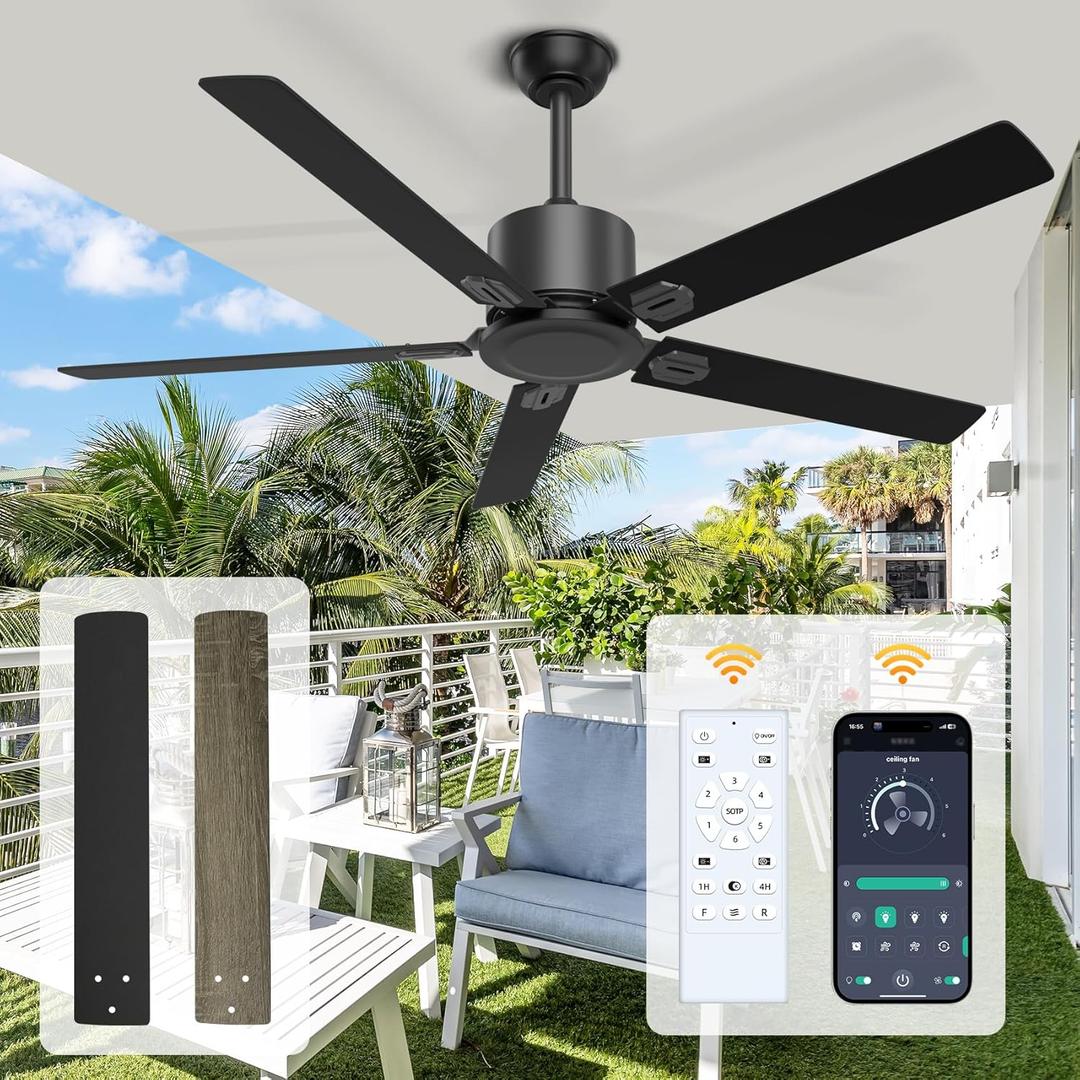 52 in Outdoor Ceiling Fan No Light - Modern DC Motor Ceiling Fan No Light with App and Remote Control, 5 Blades Reversible Silent Fan for Patio, Bedroom, Living Room, Garage