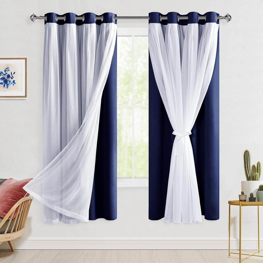 Hiasan Blackout Curtains with Sheer Overlay, Thermal Insulated Privacy Mix and Match Double Layer Window Curtains for Bedroom, Living Room, 2 Drape Panels Sewn with Tiebacks, Navy Blue, 52W X 63L (52"W x 63"L (Pack of 2), Navy Blue)