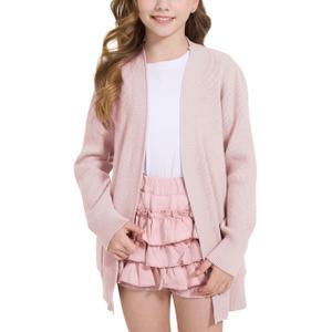 WULFUL Girls Long Sleeve Cardigan Kids Casual Open Front Oversized Sweater with Pockets Pink, Size 7-8