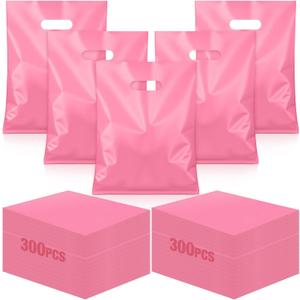 Qilery 300 Pcs Plastic Gift Bags Die Cut Handle Bags Retail Plastic Shopping Merchandise Gift Candy Bag Strong Durable, for Small Business, Retail Trade Show, Party and More(Pink)