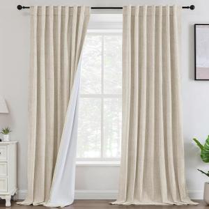 Linen Blackout Curtains 108 Inch Length Chenille Linen Textured Noise Reduction Thermal Summer Heat Blocking Floor to Ceiling Curtain for Bedroom Living Room Black Out Drapes, Bleached Sand (52"W x 108"L (Pack of 2))