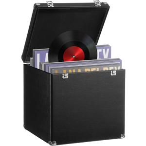 Large Vinyl Record Storage Case, 13 x 13 x 13 Inch for 100+ Single Records, Retro Lp Album Collection Display Box, PU Leather Water Resistant for 7/10/12 Inch Album Collection(Black)