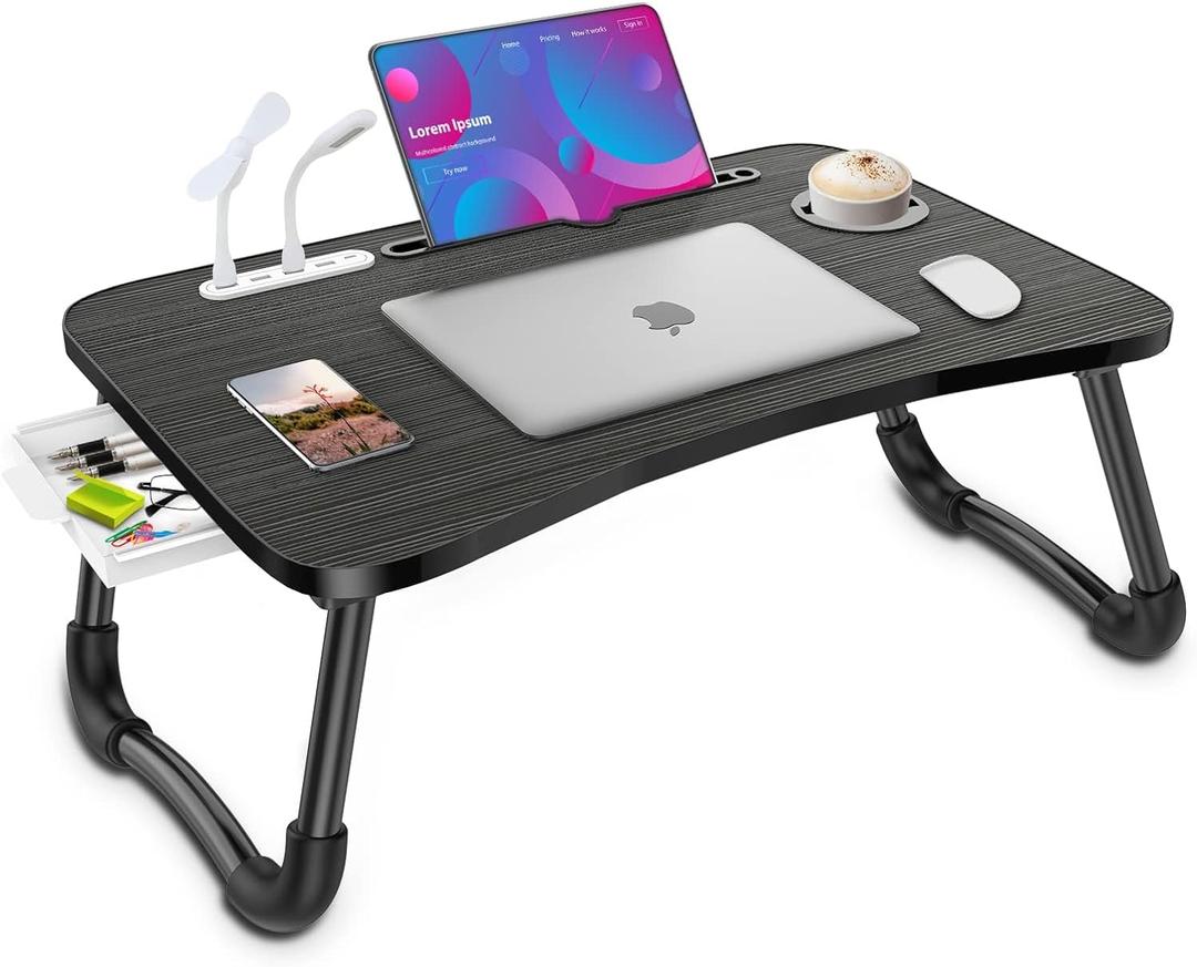 Zapuno Laptop Lap Desk, Foldable Laptop Table Tray with 4 USB Ports Storage Drawer and Cup Holder, Lap Bed Desk Notebook Stand Laptray Portable Standing Table for Bed Couch Floor (Black)