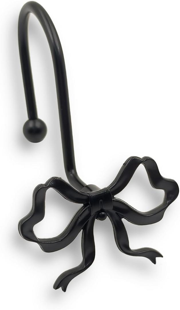 Dylrauoza Black Bow Shower Curtain Hooks, 12 Pack Decorative Metal Rust Proof Shower Curtain Rings for Bathroom, Elegant Cute Curtain Hangers for Standard Shower Rods