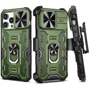 VEGO for iPhone 15 ProMax Case with Belt Clip Holster, Slide Camera Cover & Magnetic 360Rotatable Ring Kickstand Heavy Duty Protection Rugged Case for iPhone 15 Pro Max - Green