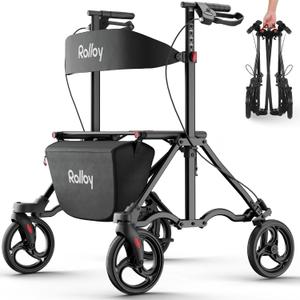 Rollator Walkers for Seniors with Seat, Aluminum Ultra-Compact Travel Rolling Walker, 350lbs Capacity, 20" Extra-Wide Seat, Heavy-Duty, Easy Folding, Height Adjustable for Tall over 6ft, 8" Big Wheels (Black)