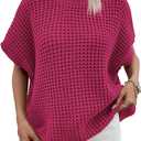 Viottiset Womens Oversized Short Batwing Sleeve Mock Neck Sweater Vest Fall Sleeveless Pullover Knit Sweaters (Medium, Hot Pink)