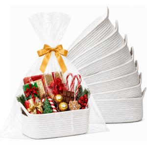 10 Pack White Woven Gift Baskets with Gift Bags and Ribbons, 12"x8"x5"