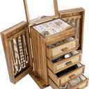 Jewelry Organizer, Rattan Jewelry Box, 5 Layer Wooden Jewelry Organizer Box with Mirror, Jewelry Boxes with 4 Drawers for Women Men, Jewelry Storage for Rings Earrings Necklaces Bracelets Watch (Natural (New))