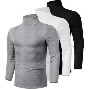 Ficerd 3 Pack Men's Turtleneck Shirts, Long Sleeve Cotton Pullover Sweaters Mock Neck Knitted T-Shirt Basic Slim Fit Tops (Black, White, Gray)