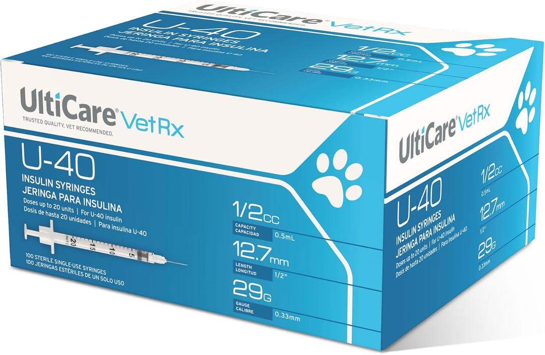 UltiCare VetRx U-40 1/2cc Pet Insulin Syringes, 1/2cc, 29G x 1/2", 100 Ct | Comfortable & Accurate Dosing for Your Dog or Cat With Diabetes, Compatible with Any U-40 Strength Insulin