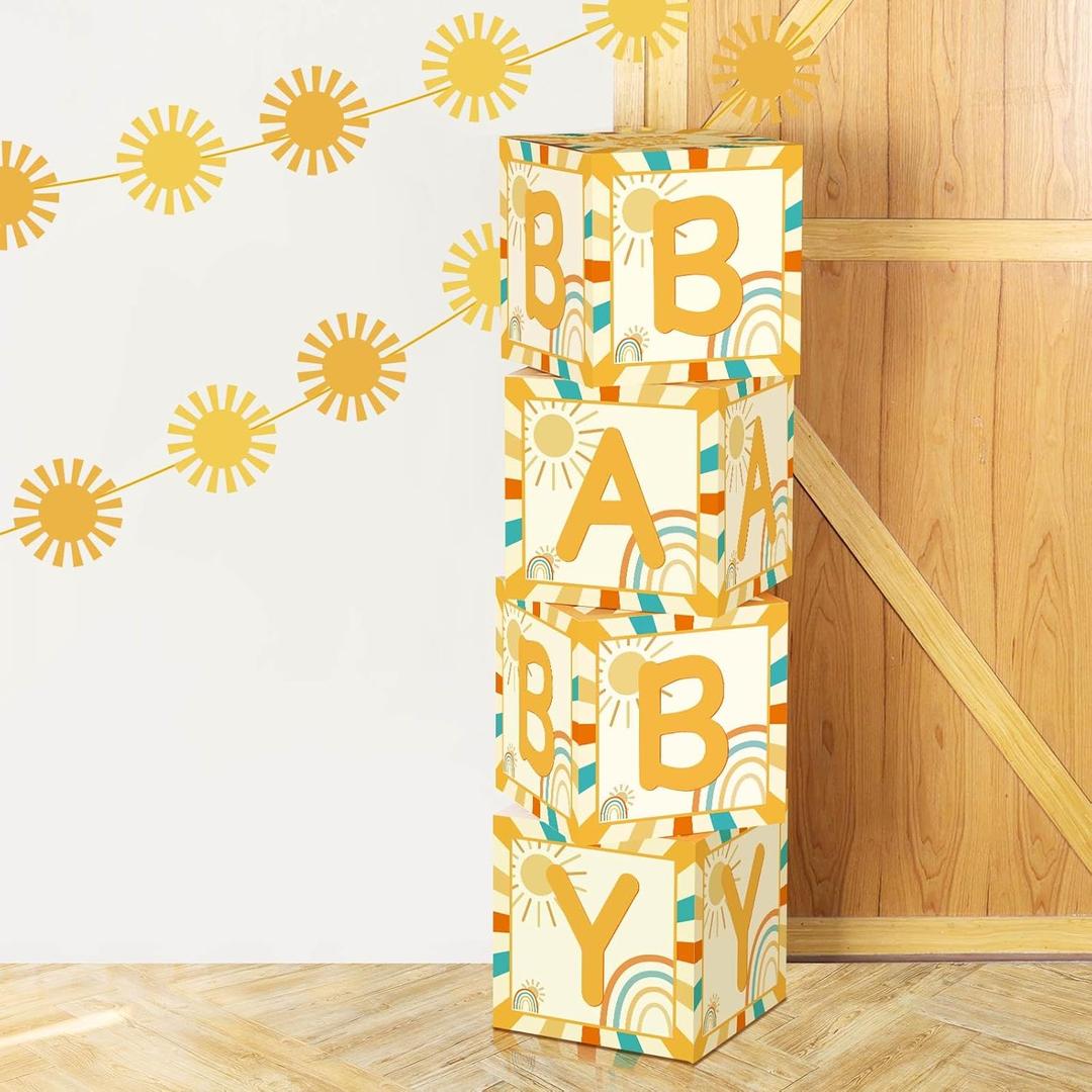 Here Comes the Son Baby Shower Decor Baby Boxes Banner Set, Boho Sun Baby Boxes With Letters for Baby Shower Blocks Sunshine Banner Party Decorations