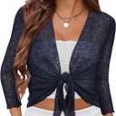 Women Crop Cardigan Sheer Mesh Bolero Shrug for Dress Tie Front 3/4 Sleeve Tops (XX-Large, Navy)
