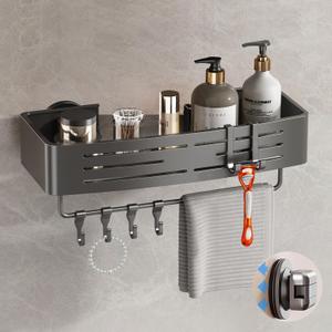 Voldra Shower Caddy Suction Cup, 1 Pack Shower Shelves for Inside Shower No Drilling, Aluminum Suction Showers Organizer with Towel Bar & Hooks Removable Bathroom Shelf Storage Rack (Gray)