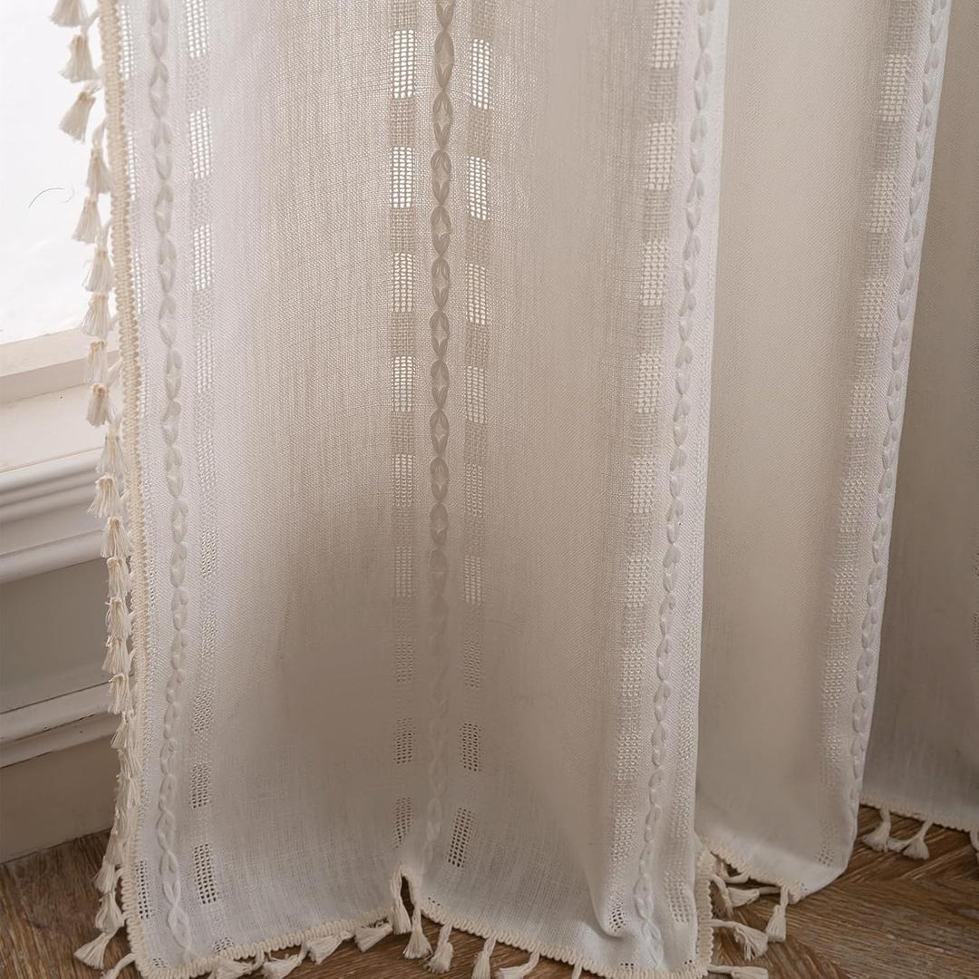 Deeprove Cream White Boho Curtain 63 inches Length for Living Room Bedroom Nursery, Aztec Chic Bohemian 63 inches Long Diamond Stripe Embroidery Privacy Window Fringe Decor W52 x L63, 1 Panel