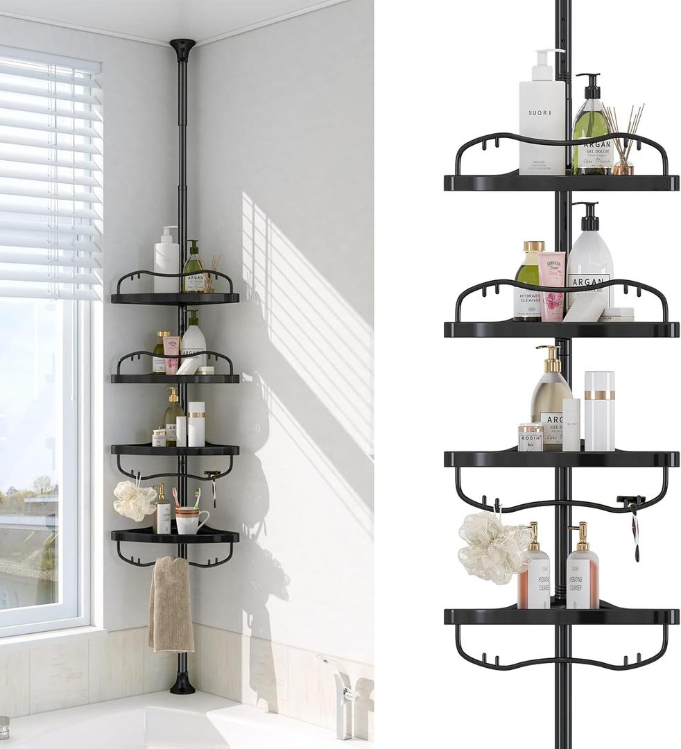 Corner Shower Caddy Tension Pole - Heavy Duty Floor to Ceiling Shower Organizer Tension Pole with 4 Shelves,54"-114 Adjustable Rustproof Stand Rack for Bathtub,Bathroom,Dorm,RV - Black