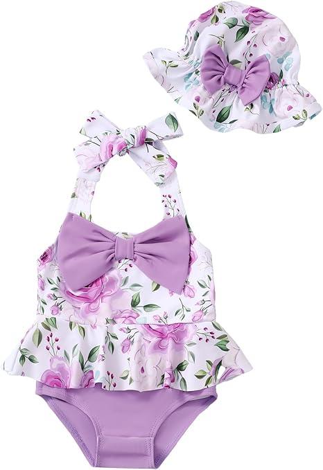 Kucnuzki Baby Girl Swimsuit Newborn One Piece Bathing Suit Bow Tie Bikini Tankini Infant Swimwear with Hat 6-12mos.