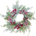 Winlyn 4 Pcs Artificial Snowy Cedar Candle Rings Red Berry Christmas Candle Holder Wreath Rings Mini Snowy Christmas Wreaths Faux Cedar Twigs Wreath 12.2 Wide for Winter Wedding Holiday Table Dcor