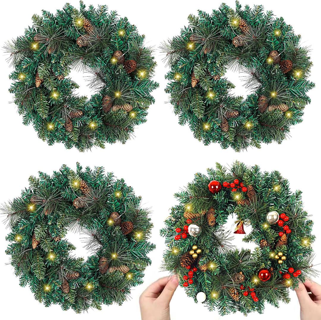 4 Pieces 20 inch Large Artificial Pine Wreaths with Lights, Pine Cones, Farmhouse Wreath Christmas Outdoor Green Christmas Wreaths for Windows Front Door Outside (4, 20inch)