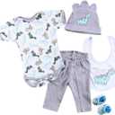 Reborn Baby Dolls Boy Clothes 22 inch Gray Dinosaur Outfit Accessories 5 pcs Sets Fit 20-22" Newborn Dolls Clothes
