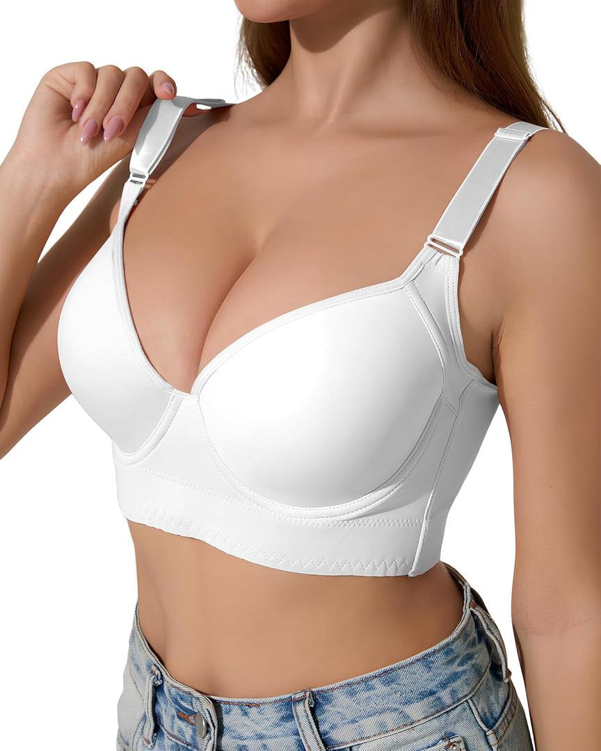 QDN Underwire Full Coverage Bra  Supportive, Comfortable Push Up Bra for Back Fat and Side Smoothing (34C, White)