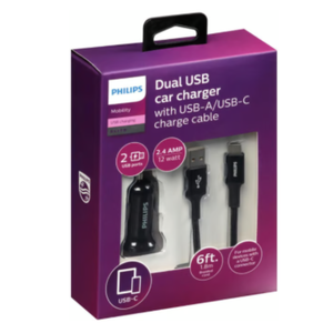 Philips Dual USB Car Charger with USB-A/USB-C Charge Cable
