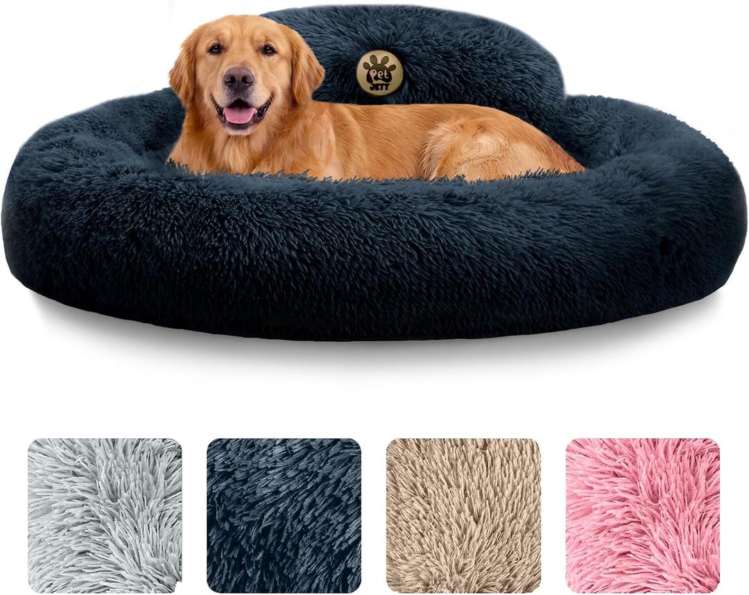 PetJett Dog Beds Large Sized Dog - 36'' Calming Round Bed, Anti-Slip & Washable Super Soft Donut Bed, Fluffy Faux Fur Anti-Anxiety Premium Comfort Pet Bed, Fits Dogs up to 80 lbs - Dark Grey
