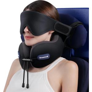 Travel Pillow, Neck Pillow Airplane with 3D Eye Mask & Seat Strap for Long Flight Sleep Road Trip, Dual-Density Supportive Foam, 360Support Head, Neck & Chin Travel Essentials Black & Grey