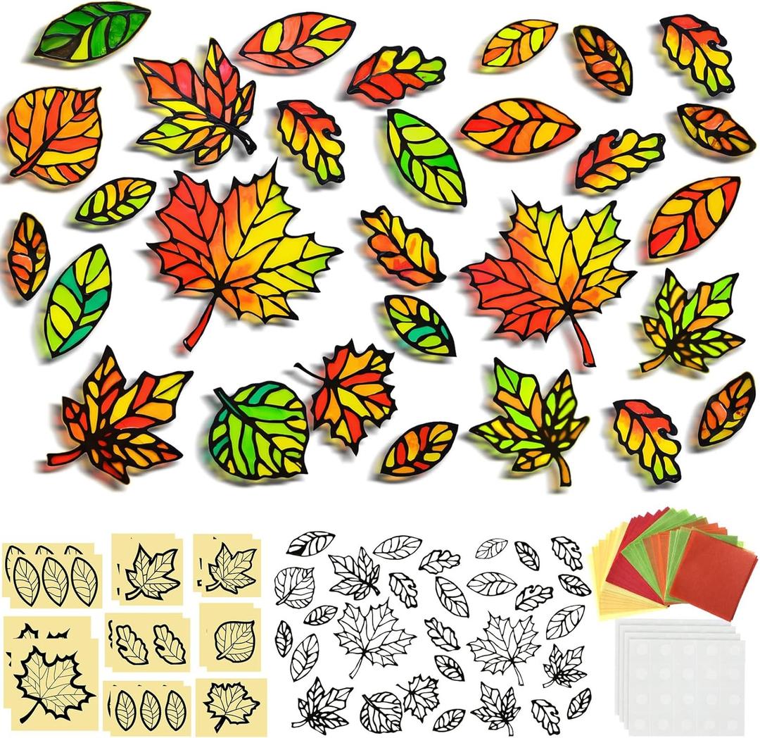 Faccito 30 Sets Fall Thanksgiving Suncatcher Paper Crafts Kit DIY Autumn Leaf Stained Glass Effect Tissue Paper Fall Crafts for Windows Suncatcher Decor for Harvest Art Party Supplies