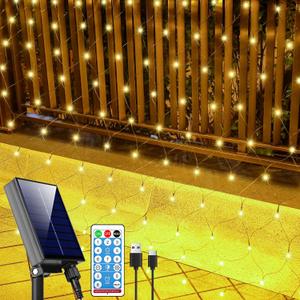 21ft x 5ft Solar Net Lights Outdoor, Solar & USB 2 Power Way 360 LED Waterproof Mesh Lights for Bushes, Remote Control 8 Modes String Light Trees Patio Garden Christmas Indoor Decor (Warm White)