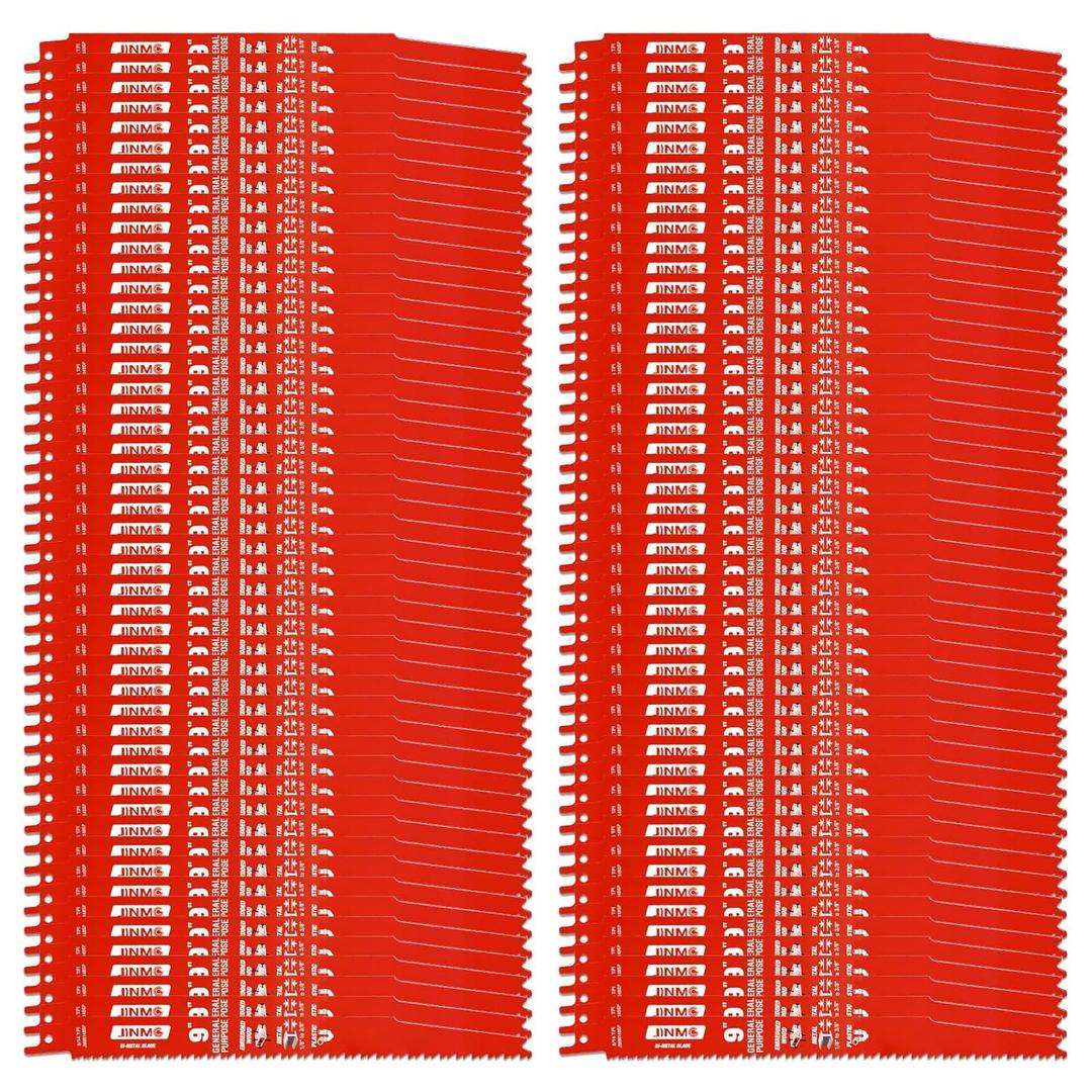 100 Pack 9 Inch 8/14TPI Reciprocating Saw Blades for Wood and Nail-Embedded Wood Demolition, Metal Cutting for 1/8-3/8 Medium Metals and PVC Pallets etc.- Compatible with Diablo Bi-Metal Blades