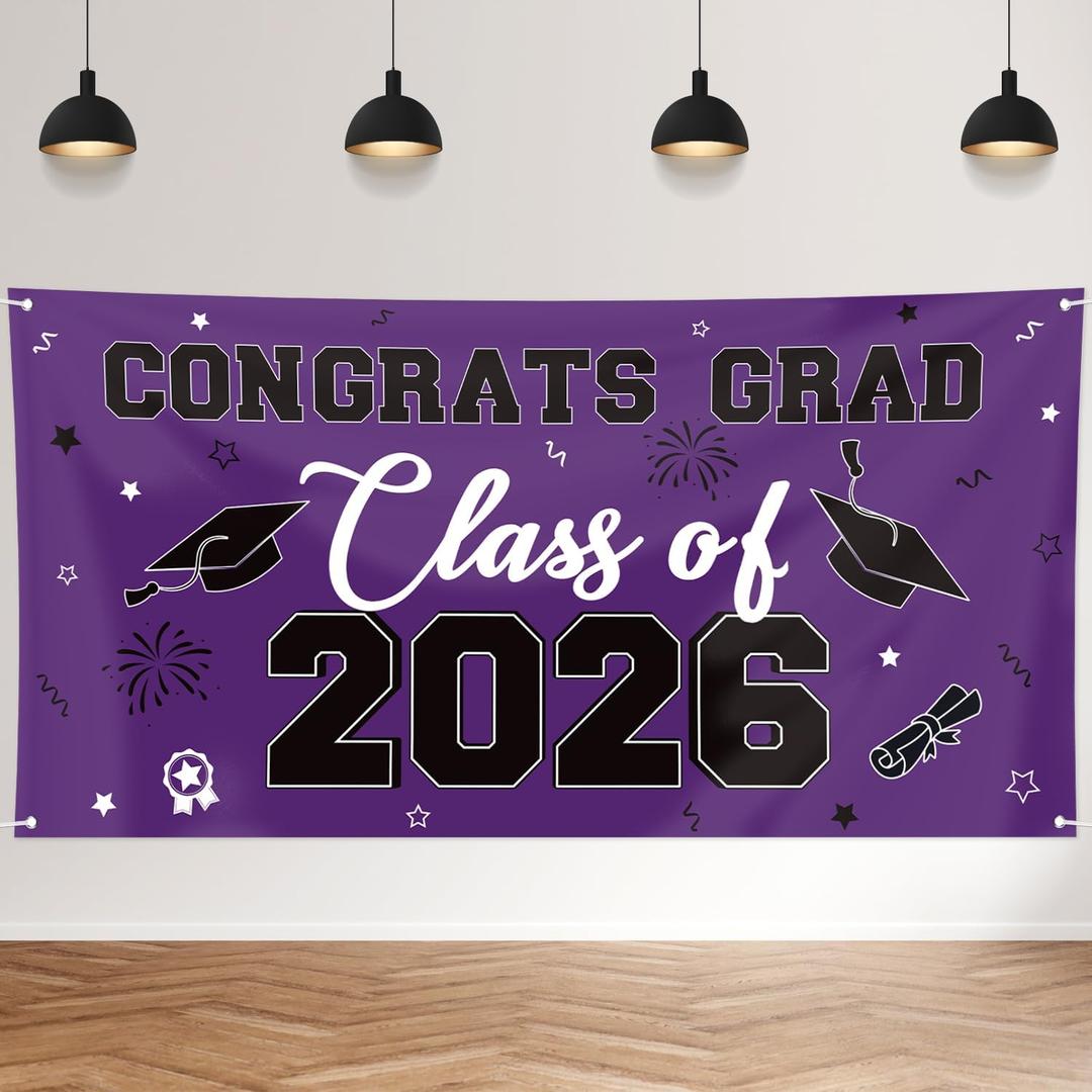 Graduation Decorations 2026 Purple, Graduation Backdrop Banner 71 x 35.5 Inch, Class of 2026 Graduation Party Photo Backdrop