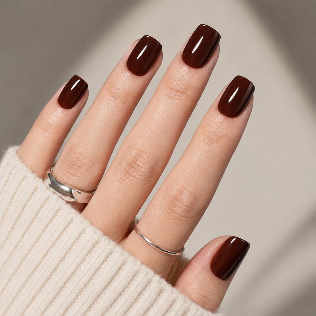 2 x Brown Press On Nails Square - Brown Short Square Fake Nails | Short Press On Nails Reusable Stick On Nails in 15 Sizes 30pcs False Nail Kit for Women & Girls