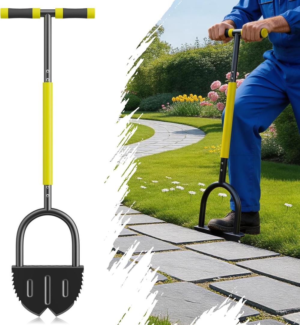 Half Moon Edger Lawn Tool with Double V-Shaped Saw-Tooth Blade & Rubber T-Grip, 40in Edging Shovel for Landscaping, Garden Edging Tool for Landscaping, Manual Lawn Edger Tools for Garden Maintenance (Yellow)