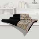 Loom and Mill Luxury Cotton Bath Towel Set 3 Piece-1 Bath Towel 1 Hand Towel 1 Wash Cloth, Ultra Soft Decorative Towel Sets Highly Absorbent for Bathroom, Royal Damask Design(Black-Taupe Gold)