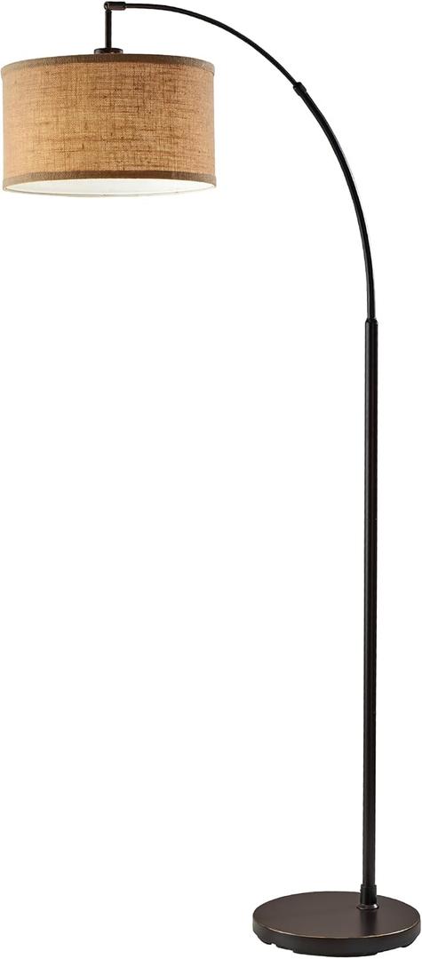 Adesso Simplee Arc Floor Lamp, 68 Tall Antique Bronze Base, Round Burlap Shade - Convenient Overhead Lighting for Living Room, Nursery, Bedroom or Office