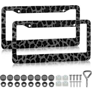 Black Leopard Print License Plate Frame - 2 Pack Animal Leopard Cheetah Print Tags Frames Holder, Car Decorative Tag Frames with Screws Fasteners Caps