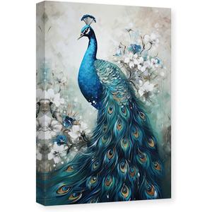 CXHOSTENT Elegance Peacock Canvas Wall Art Animal Painting Print Vintage Blue Peacock and White Floral Picture Artwork Decor Frame (Peacock - 1, 24L x 36W)