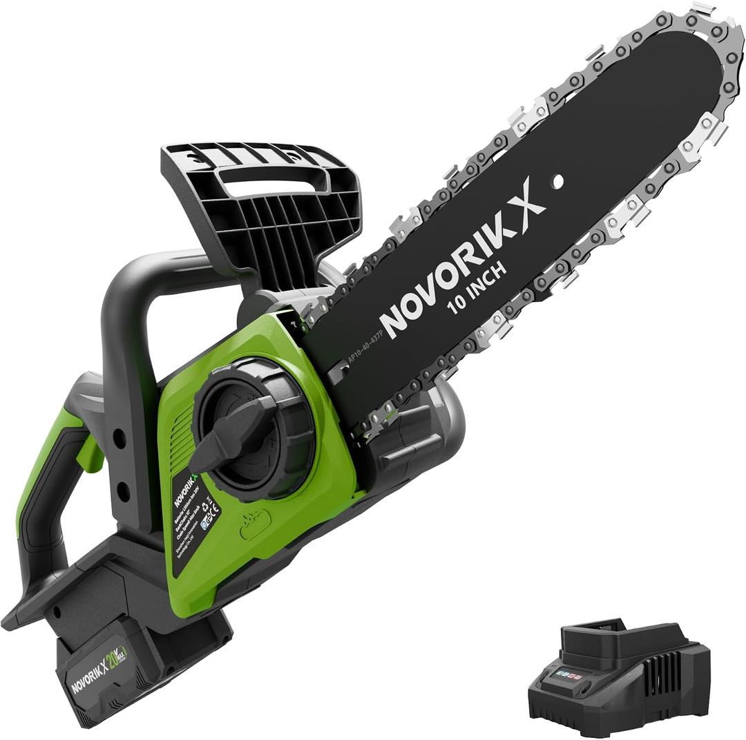 NovorikX 20V Cordless Chainsaw, 10-Inch Electric Chain Saw with 4.0Ah Battery & Charger, Auto Oiler, Tool-Free Chain Tension for Tree Trimming, Branch Cutting & Yard Work