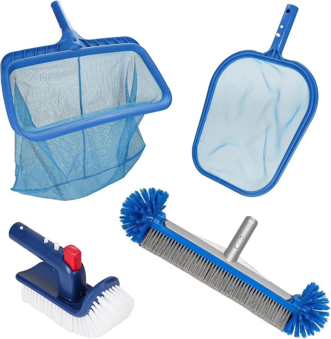 Pool Cleaning Kit Professional Heavy Duty Leaf Skimmer Net, Deep Bag Rake & Wall Scrubber Brush, 4-Piece Pool Cleaning Equipment Set for Above Ground & Inground Pools (Pole Not Included)