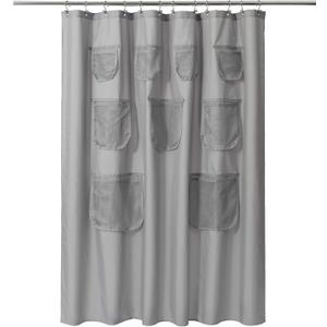 Mrs Awesome Gray Fabric Shower Curtain or Liner with 9 Mesh Pockets,72 x 72 inch, Water Proof, Washable and Rust Proof Grommets,Gray (Grey)