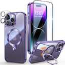 [Tri-Shield Protection] for iPhone 14 Pro Max Case with 360 Spin Stand Compatible with MagSafe [Magnetic CD Ring][Screen & Camera Lens Protector]Shockproof Plating Never-Yellowing, Purple-6.7"