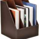3 Tier Leather Magazine Holder - Vertical File Organizer with PU Leather Cover, Handmade Office Desk Organizer for A4/A3 Documents, Magazines, Books - Coffee (3 slot)