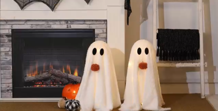 Halloween Decorations-2 Pack Light-Up Sherpa Ghosts with Pumpkin Halloween Decor Indoor Cute Ghost Tabletop Decor for Party Home Kitchen and Fireplace