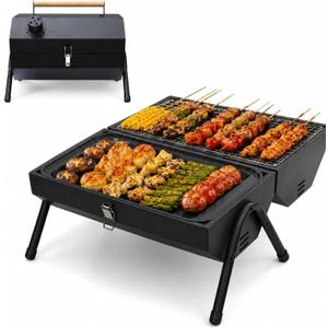 Tabletop Charcoal Grill, Portable Foldable Tabletop BBQ Grill with Dual Sided Griddle & Grill, Compact Folded Design, Thickened Body for Camping, Picnic & Outdoor Cooking