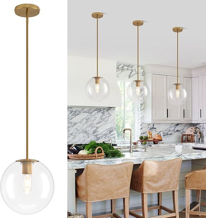 10in Globe Glass Pendant Light, Mid Century Modern Pendant Lights Kitchen Island, Brass Fininsh Hanging Light Fixture for Dining Room Over Table Sink Hallway, Gold & Clear 1 Pack