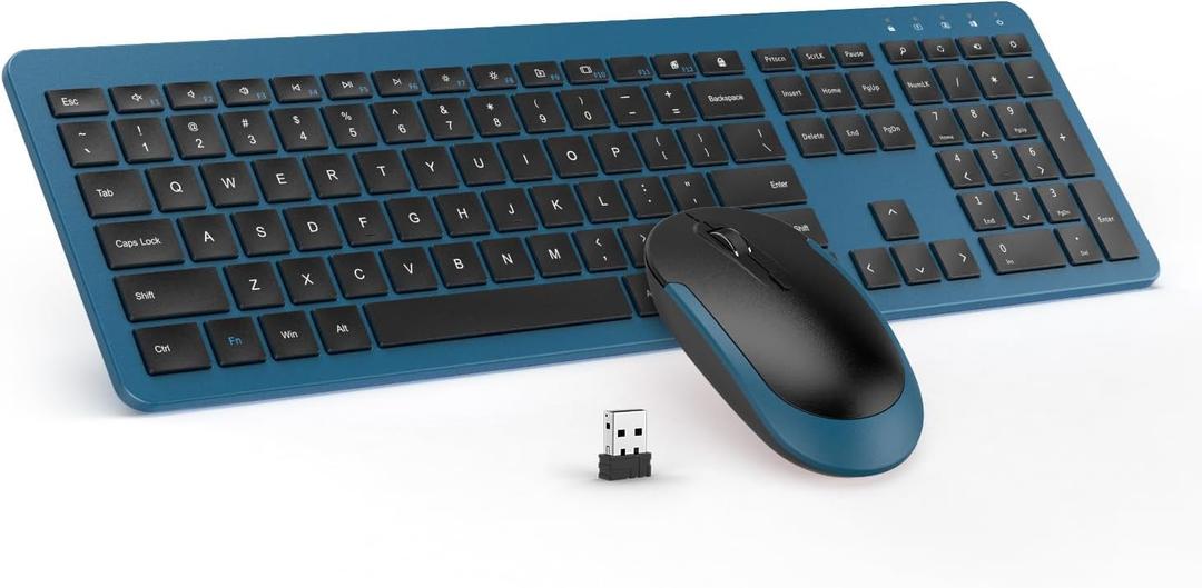 Wireless Keyboard and Mouse Combo - Full Size Slim Thin Wireless Keyboard Mouse with Numeric Keypad 2.4G Stable Connection Adjustable DPI (Dark Blue)